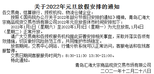 华夏黔农2022年元旦放假休市公告