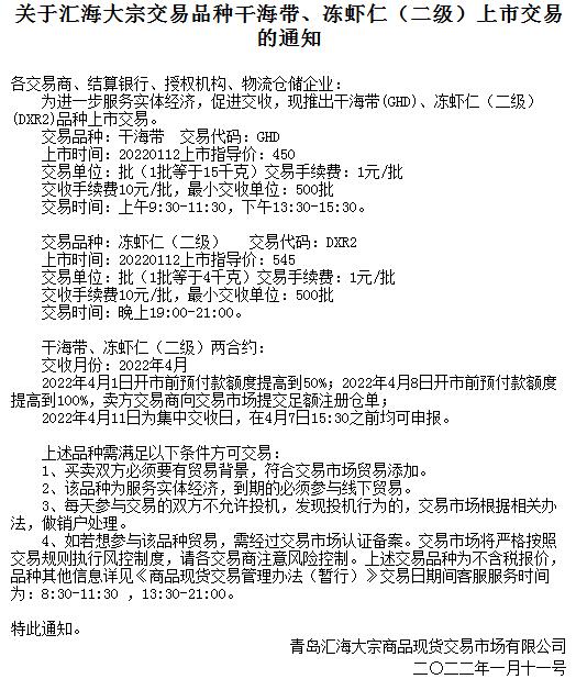 华夏黔农农产品市场​2022.1.11号新合约品种上线的公告