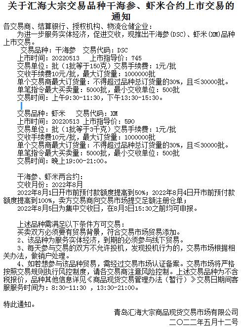 青岛汇海市场关于购销品种干海参、虾米合约上市的公告