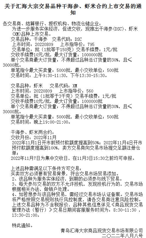 青岛汇海农产品现货农产品现货品种干海参、虾米合约上市购销公告