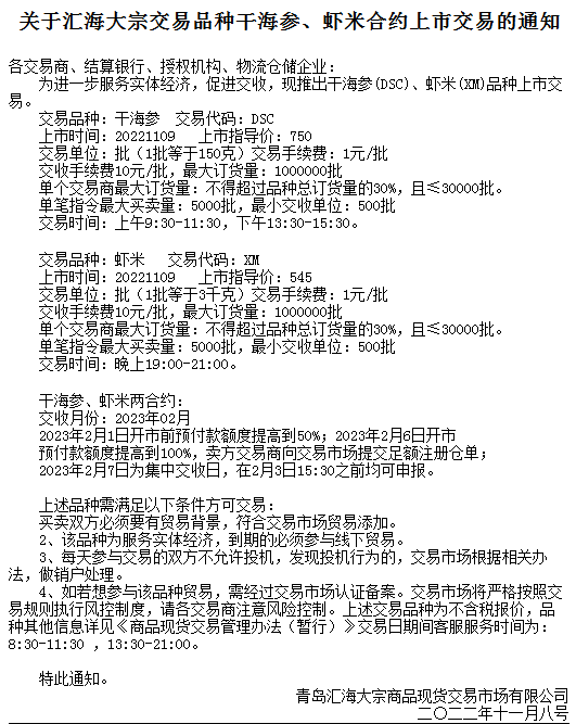 黔鑫生态农产品现货购销品种干海参、虾米合约上市购销的公告